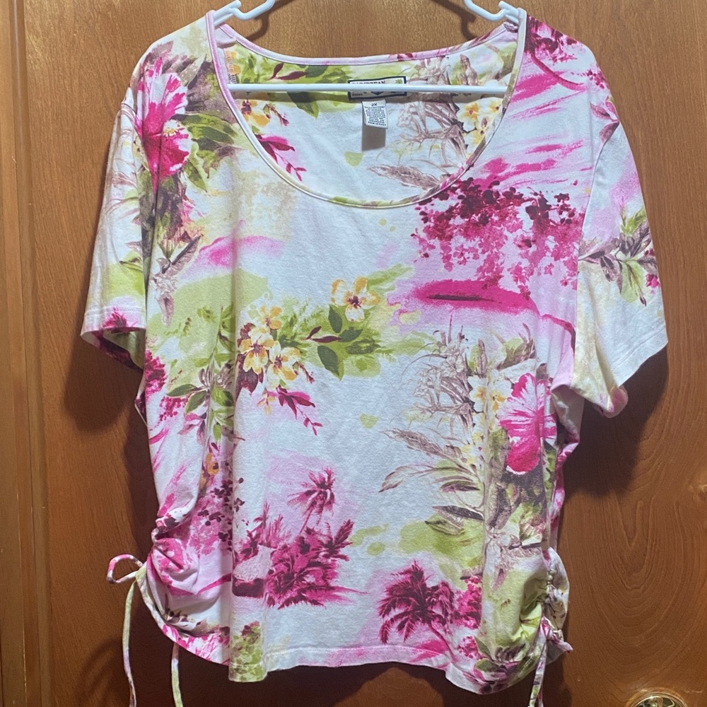 Caribbean Joe Boho Floral Women's 2X Top - Pink, White, Green Summer Boxy